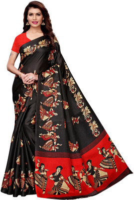 YASHIKA Printed Kalamkari Art Silk Saree(Black)