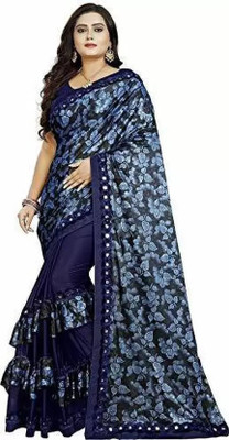 V AMAN FASHION Printed Bollywood Lycra Blend Saree(Dark Blue)