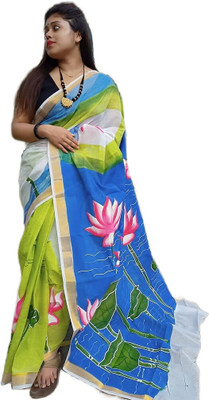 cloud vastra Hand Painted Kasavu Pure Cotton Saree(Multicolor)