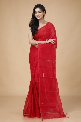 Oishani Saree Ghor Self Design Handloom Cotton Blend Saree(Red)