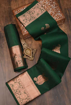 KanjiQueen Woven, Self Design Kanjivaram Silk Blend, Pure Silk Saree(Green)