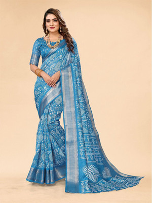 Moda Rapido Printed Bollywood Cotton Blend Saree(Blue)