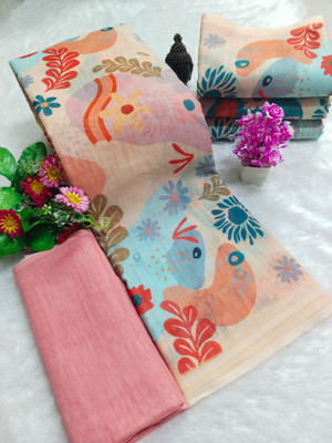 HouseOfCommon Floral Print Kanjivaram Pure Cotton, Cotton Linen Saree(Pack of 2, Multicolor)
