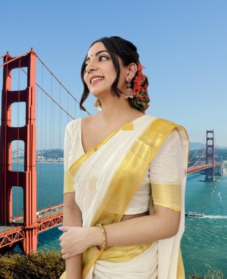 ANTIK Woven Kasavu Cotton Blend Saree(White)