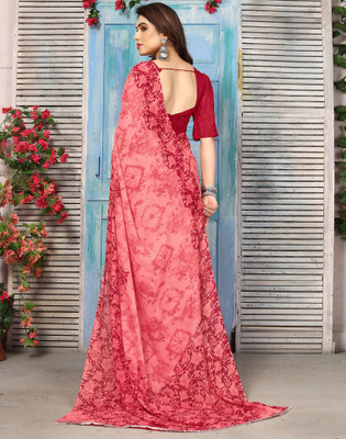 Samah Floral Print, Geometric Print, Printed Daily Wear Georgette Saree(Maroon, Pink)
