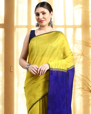 Desh Bidesh Color Block Handloom Cotton Blend, Pure Silk Saree(Yellow, Blue)