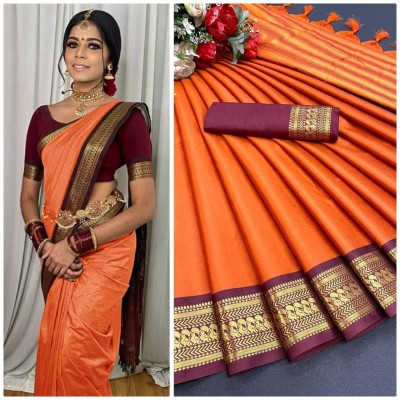 Cloverlucks Woven Madurai Jute Silk, Cotton Silk Saree(Orange, Maroon)