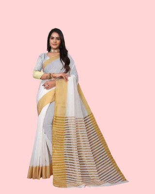 BrahamTrader Self Design Kasavu Pure Cotton Saree(White)