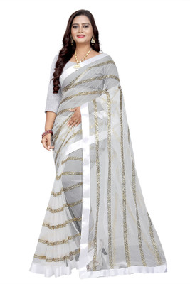 Saraswati Fab Striped Bollywood Net Saree(White)