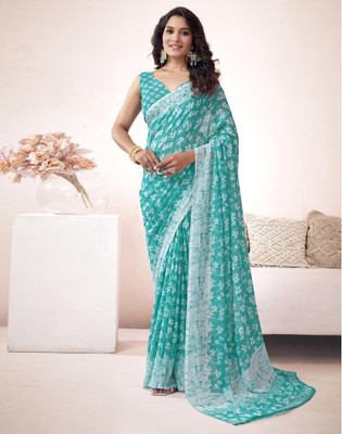 HouseOfCommon Printed Bollywood Georgette Saree(Light Blue)