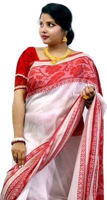 maadurga Solid/Plain Handloom Cotton Blend Saree(White)