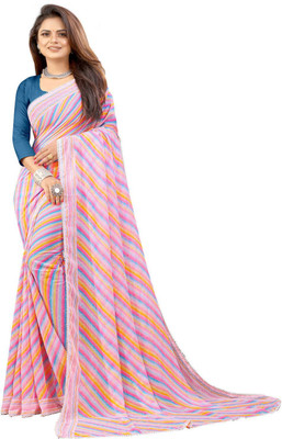 RAJESHWAR FASHION Striped, Printed Leheria Georgette Saree(Pink)