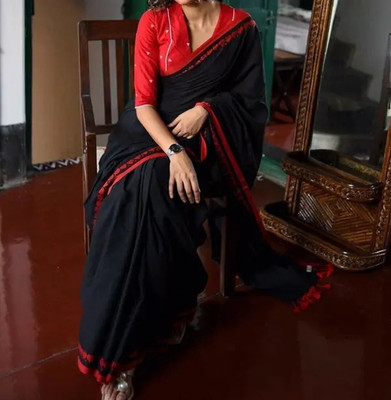 nebadita Solid/Plain, Self Design Handloom Pure Cotton Saree(Black)