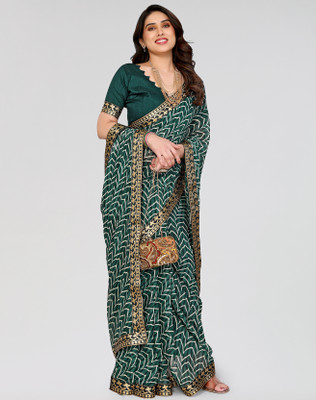 Nirvaan Solid/Plain Daily Wear Georgette, Lace Saree(Green)