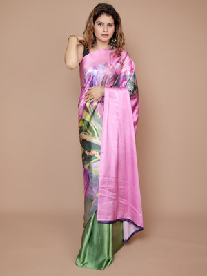 ANOUK Printed Saree with Attached Blouse Satin Saree(Green)