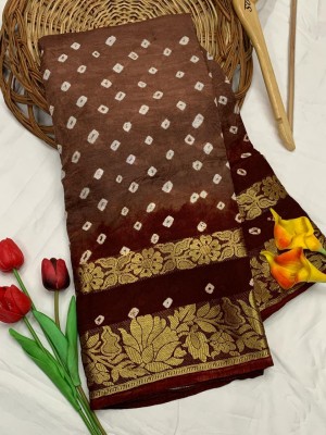 GOWNHOUSE Woven, Self Design, Applique Bandhani Art Silk, Pure Silk Saree(Brown, Gold)