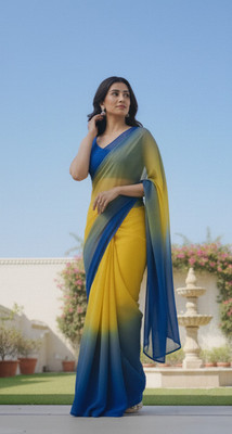 Shree Khodiyar Color Block Bollywood Georgette Saree(Blue, Yellow)