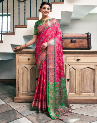 Satrani Woven, Self Design Patola Cotton Blend, Silk Blend Saree(Pink, Multicolor)