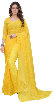 SNH EXPORT Floral Print Bollywood Net Saree(Yellow)