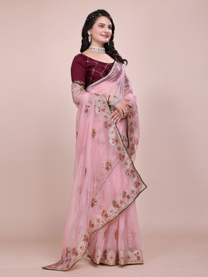 yourwish Embroidered Baluchari Organza Saree(Pink)
