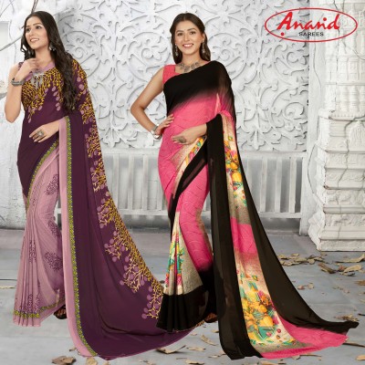 Anand Sarees Floral Print Daily Wear Georgette Saree(Pack of 2, Purple, Beige, Multicolor)