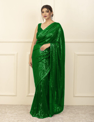 Bhojal Creation Embellished Bollywood Georgette Saree(Green)