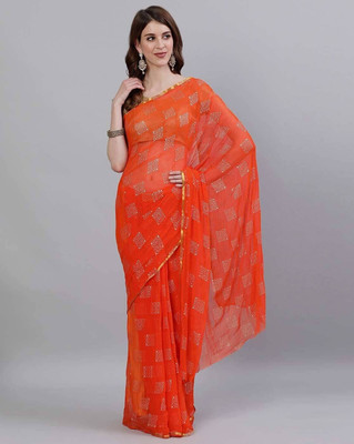 V And V Shop Printed Bollywood Chiffon Saree(Orange)