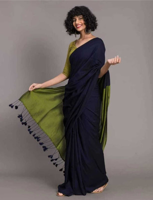 Tantikatha Solid/Plain Handloom Cotton Blend Saree(Dark Blue)