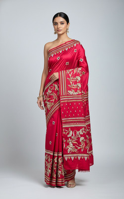 Fabloom Embroidered, Floral Print Kantha Handloom Silk Blend Saree(Red)