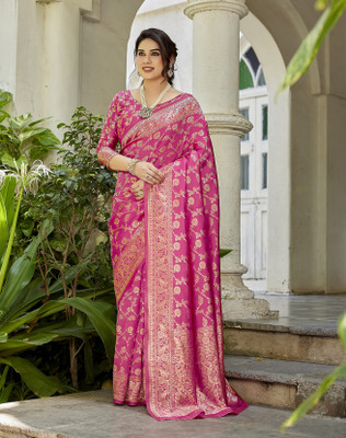 YASHIKA Self Design Kanjivaram Silk Blend Saree(Pink)