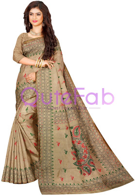 QuteFab Embroidered, Woven, Temple Border, Self Design, Solid/Plain Kantha Art Silk Saree(Beige)