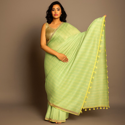 Classy Foriever Striped Handloom Pure Cotton Saree(Green)