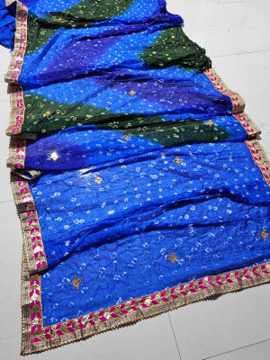 NeeLKANTH ENTERPRISE Checkered, Digital Print, Self Design, Printed Bandhani Art Silk Saree(Blue)