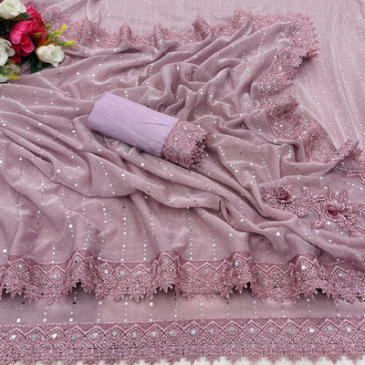 KRUBUX Applique Bollywood Lycra Blend Saree(Pink)