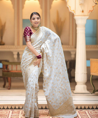 Anjaneya Sarees Woven Banarasi Silk Blend Saree(White)