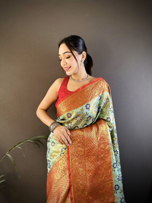 SHARDHA FASHION Woven, Self Design Banarasi Pure Silk, Tissue Saree(Black, Yellow, Multicolor)