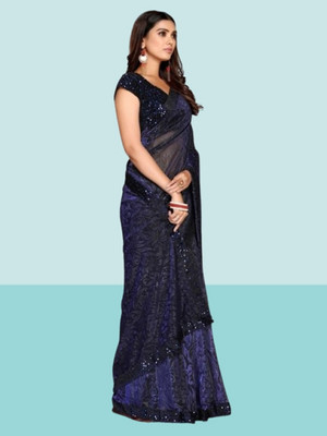 Vragi Floral Print Bollywood Lycra Blend Saree(Dark Blue)