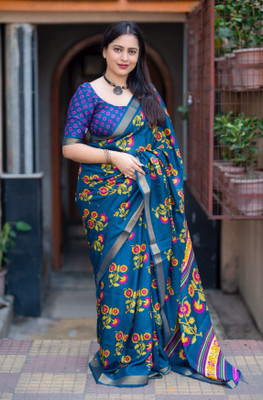 Divastri Printed Bollywood Cotton Blend Saree(Blue)