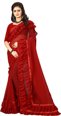 fFASHION Self Design, Striped, Solid/Plain, Embellished Bollywood Georgette Saree(Red)