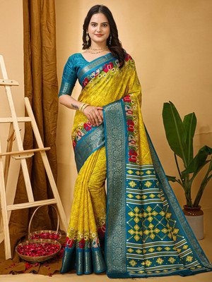 Anouk Rustic Printed Chinnalapattu Silk Blend Saree(Yellow)