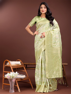ASTITA Self Design Saree with Attached Blouse Cotton Blend Saree(Light Green)