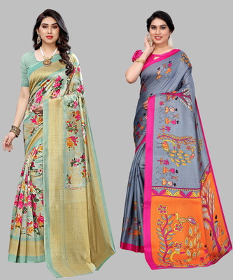 YASHIKA Printed, Paisley, Floral Print Mysore Art Silk Saree(Pack of 2, Light Green, Grey)