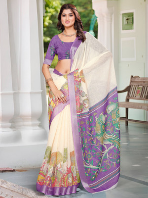 Tasrika Digital Print Chinnalapattu Cotton Linen Saree(White)