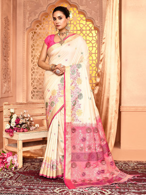 Elora Floral Print Banarasi Silk Blend Saree(White)