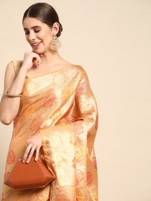 Blissta Floral Print Kanjivaram Organza Saree(Orange)