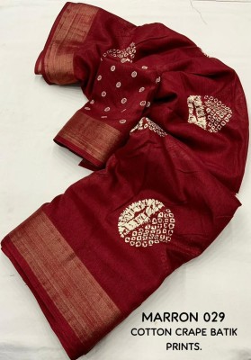 KHIMAJMAAFASHION Printed, Hand Painted, Applique, Blocked Printed, Woven Hand Batik Cotton Silk Saree(Maroon)