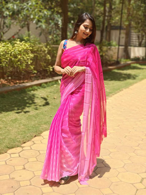 Moda Rapido Embellished, Striped Bollywood Satin Saree(Pink)