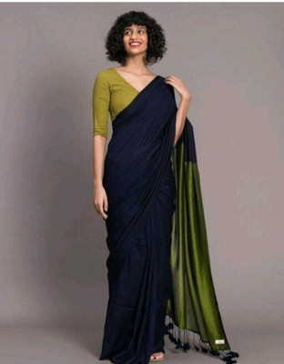 SAMPRITI COLLECTION Solid/Plain Handloom Cotton Silk Saree(Dark Blue)