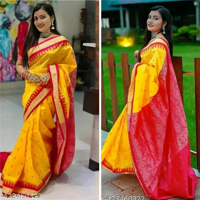 AYEZAL SAREES Temple Border Sambalpuri Handloom Art Silk Saree(Yellow)