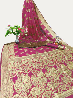 tapovan fashion Embellished, Self Design, Woven Kanjivaram Silk Blend, Jacquard Saree(Pink)